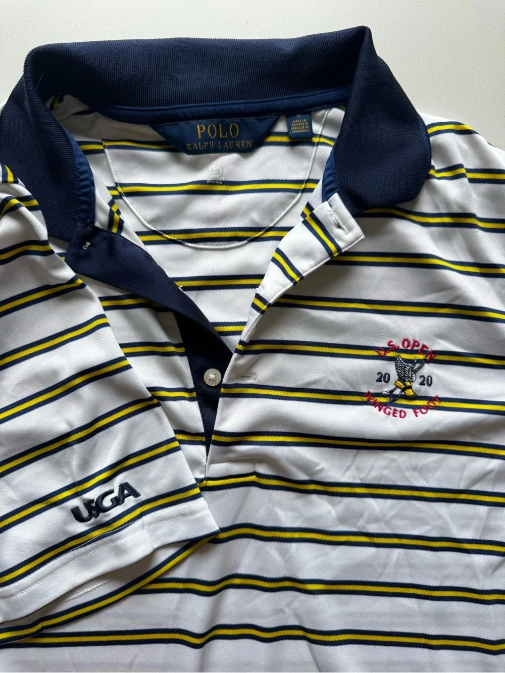 Polo by Ralph Lauren White Navy Yellow Striped Polo Shirt (Men’s Medium)